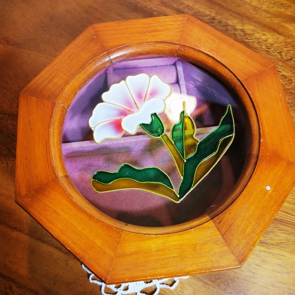 Vintage Octagonal Wooden Jewelry Box with Faux Stained Glass Lid - Picture 2 of 16